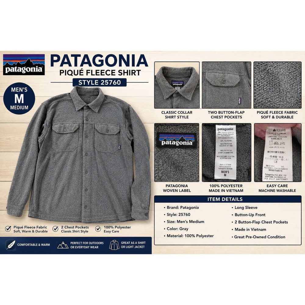 Patagonia Mens Pique Fleece Shirt Gray Button Up Jacket 25760 Medium